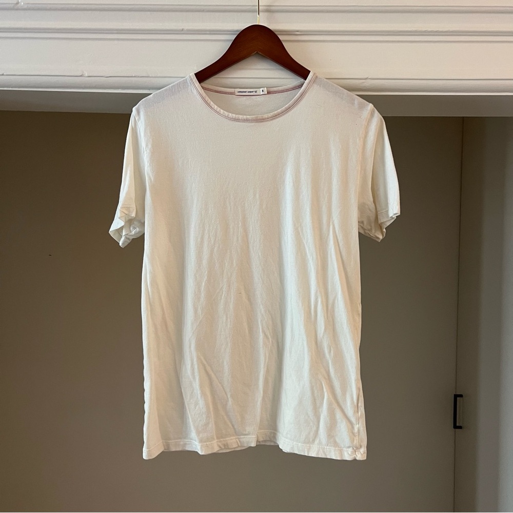 Industry of all Nations Men’s Undyed T-Shirt with pink collar, men’s small